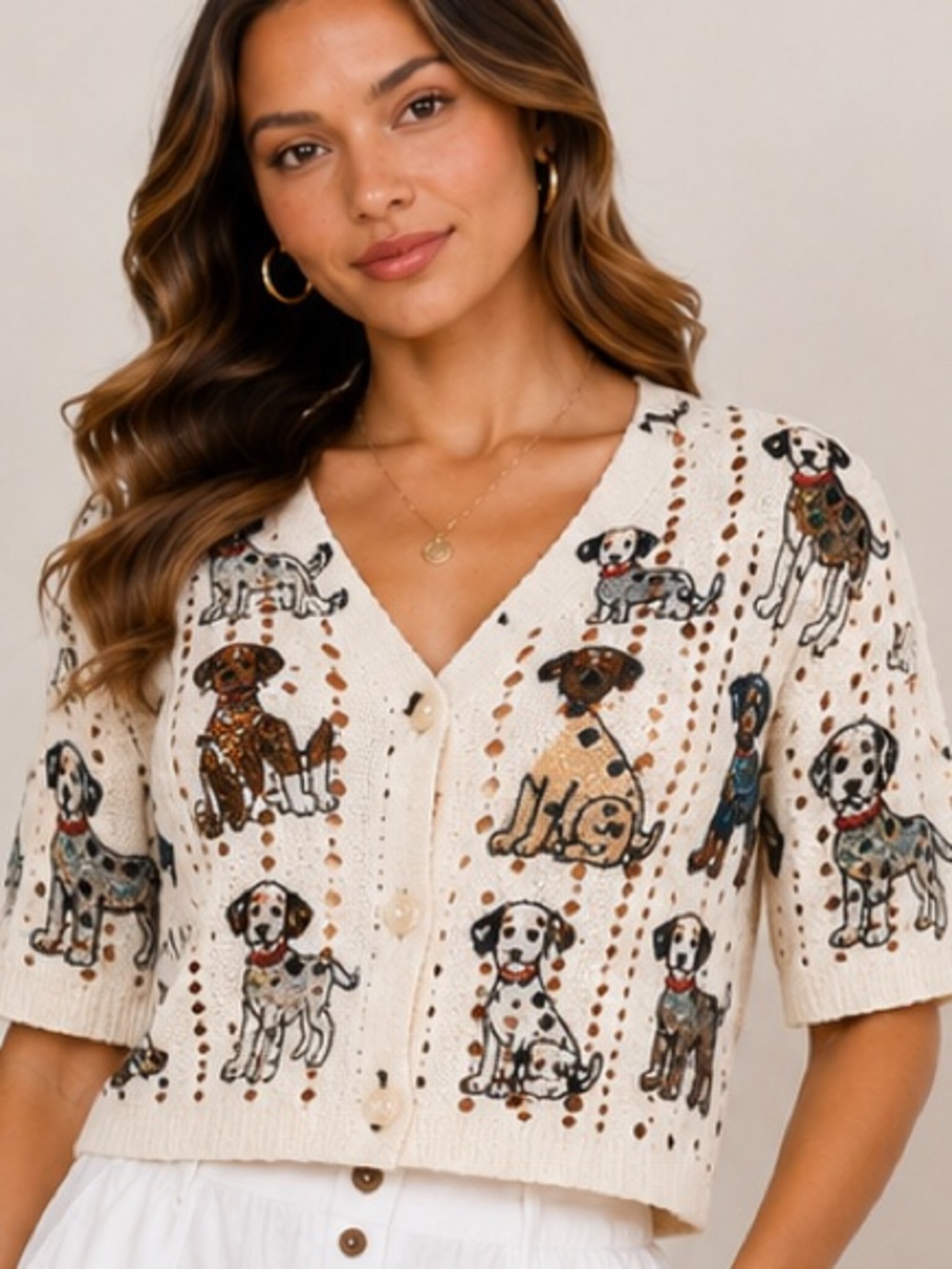 14.New Cream Dog Pattern Knit Cardigan Sweater - Stylish Pet Print